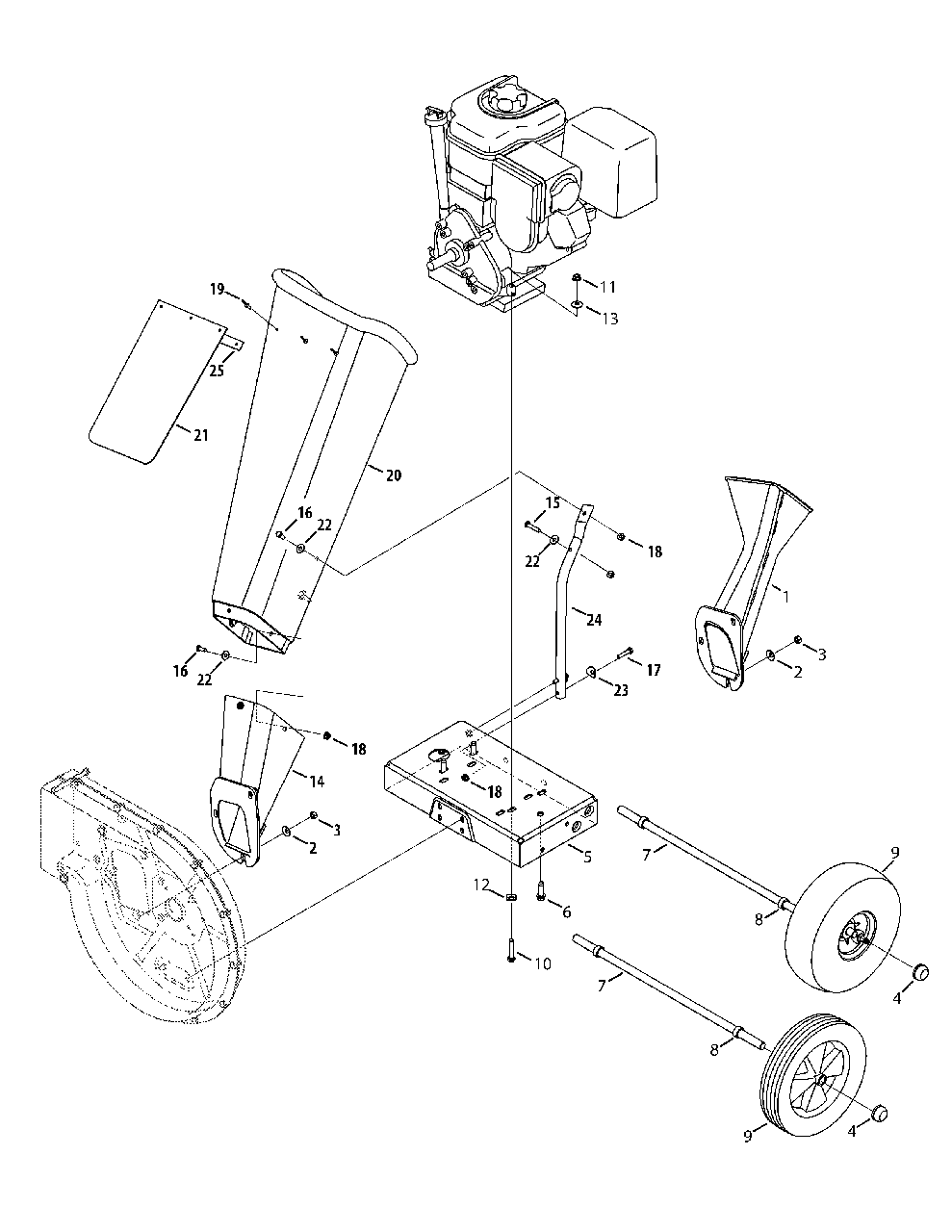 Chuteandwheels Diagram and Parts List for CS45M4 (24A-45M4700)(2015) Yard Machines Chipper Shredder
